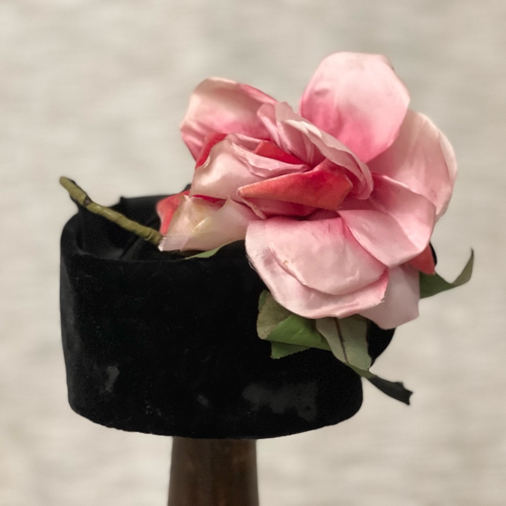 Vintage Black Velvet pillbox Hat with Pink Floral Accent from Blums-Vogue